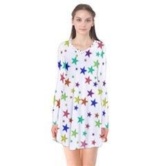 Star Random Background Scattered Long Sleeve V-neck Flare Dress