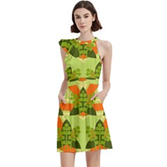 Texture Plant Herbs Herb Green Cocktail Party Halter Sleeveless Dress With Pockets