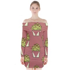 Cactus Pattern Background Texture Long Sleeve Off Shoulder Dress