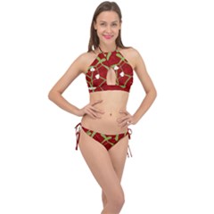 Mistletoe Christmas Texture Advent Cross Front Halter Bikini Set