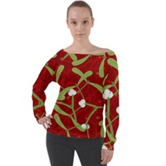 Mistletoe Christmas Texture Advent Off Shoulder Long Sleeve Velour Top