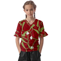 Mistletoe Christmas Texture Advent Kids  V-neck Horn Sleeve Blouse