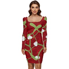 Mistletoe Christmas Texture Advent Women Long Sleeve Ruched Stretch Jersey Dress