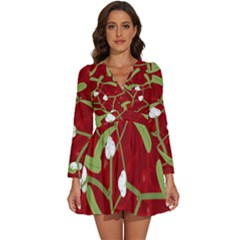 Mistletoe Christmas Texture Advent Long Sleeve V-neck Chiffon Dress 