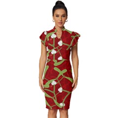 Mistletoe Christmas Texture Advent Vintage Frill Sleeve V-neck Bodycon Dress by Hannah976