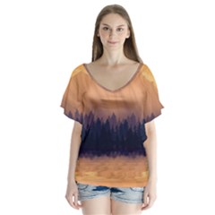 Landscape Nature Mountains Sky V-neck Flutter Sleeve Top