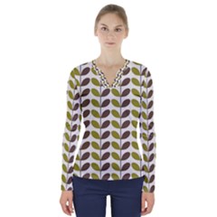 Leaf Plant Pattern Seamless V-neck Long Sleeve Top