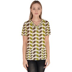 Leaf Plant Pattern Seamless Women s V-neck Scrub Top