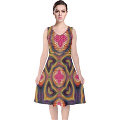 Kaleidoscope Art Pattern Ornament V-neck Midi Sleeveless Dress 