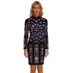 Rosette Cathedral Long Sleeve Shirt Collar Bodycon Dress
