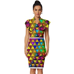 Cube Diced Tile Background Image Vintage Frill Sleeve V-neck Bodycon Dress by Hannah976