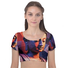 Let That Shit Go Buddha Low Poly (6) Velvet Short Sleeve Crop Top  by 1xmerch