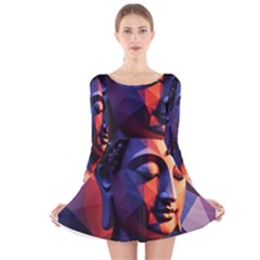 Let That Shit Go Buddha Low Poly (6) Long Sleeve Velvet Skater Dress by 1xmerch