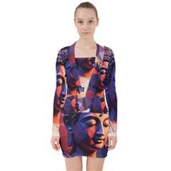 Let That Shit Go Buddha Low Poly (6) V-neck Bodycon Long Sleeve Dress by 1xmerch