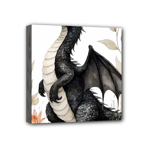 Cute Black Baby Dragon Flowers Painting (2) Mini Canvas 4  X 4  (stretched) by 1xmerch