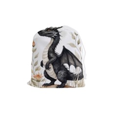 Cute Black Baby Dragon Flowers Painting (2) Drawstring Pouch (medium) by 1xmerch