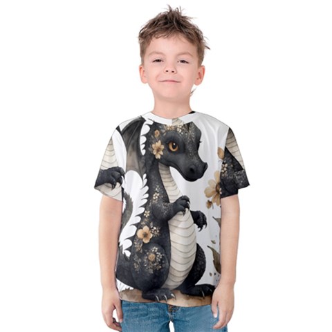 Cute Black Baby Dragon Flowers Painting (7) Kids  Cotton T-shirt by 1xmerch