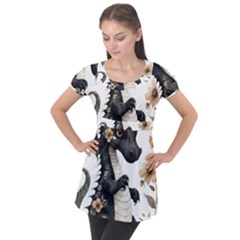 Cute Black Baby Dragon Flowers Painting (7) Puff Sleeve Tunic Top by 1xmerch