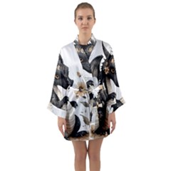 Cute Black Baby Dragon Flowers Painting (7) Long Sleeve Satin Kimono by 1xmerch