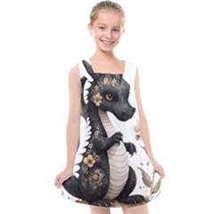 Cute Black Baby Dragon Flowers Painting (7) Kids  Cross Back Dress by 1xmerch