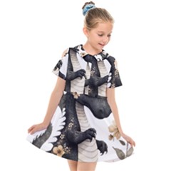 Cute Black Baby Dragon Flowers Painting (7) Kids  Short Sleeve Shirt Dress