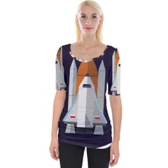 Rocket Space Universe Spaceship Wide Neckline T-shirt