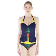 Rocket Halftone Astrology Astronaut Halter Swimsuit