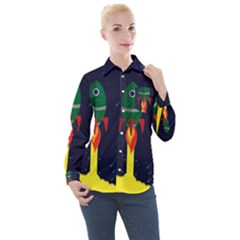 Rocket Halftone Astrology Astronaut Women s Long Sleeve Pocket Shirt