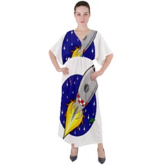 Rocket Ship Launch Vehicle Moon V-neck Boho Style Maxi Dress by Sarkoni