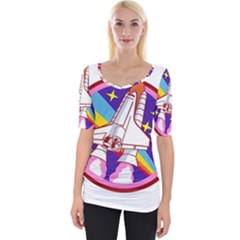 Badge Patch Pink Rainbow Rocket Wide Neckline T-shirt