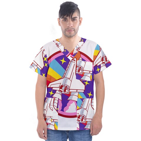 Badge Patch Pink Rainbow Rocket Men s V-neck Scrub Top by Sarkoni