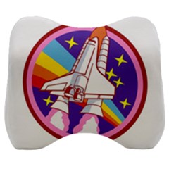 Badge Patch Pink Rainbow Rocket Velour Head Support Cushion by Sarkoni