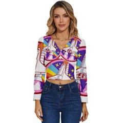 Badge Patch Pink Rainbow Rocket Long Sleeve V-neck Top by Sarkoni