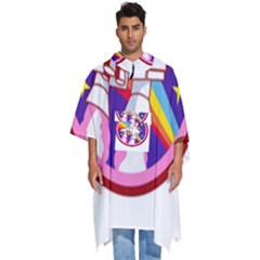 Badge Patch Pink Rainbow Rocket Men s Hooded Rain Ponchos by Sarkoni