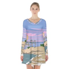 Vacation Island Sunset Sunrise Long Sleeve Velvet V-neck Dress