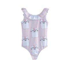 Pattern Pink Cute Sweet Fur Cats Kids  Frill Swimsuit