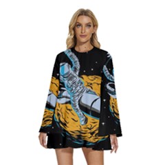 Astronaut Planet Space Science Round Neck Long Sleeve Bohemian Style Chiffon Mini Dress by Sarkoni