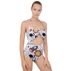 Astronaut Drawing Planet Scallop Top Cut Out Swimsuit