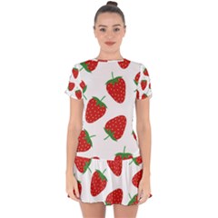 Seamless Pattern Fresh Strawberry Drop Hem Mini Chiffon Dress