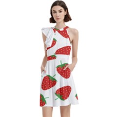 Seamless Pattern Fresh Strawberry Cocktail Party Halter Sleeveless Dress With Pockets by Sarkoni