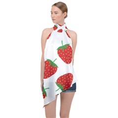Seamless Pattern Fresh Strawberry Halter Asymmetric Satin Top