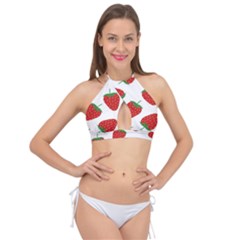 Seamless Pattern Fresh Strawberry Cross Front Halter Bikini Top