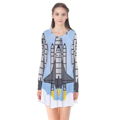 Rocket Shuttle Spaceship Science Long Sleeve V-neck Flare Dress