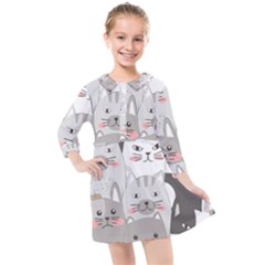 Cute Cats Seamless Pattern Kids  Quarter Sleeve Shirt Dress