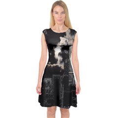 City Night Moon Skyline Skyscraper Capsleeve Midi Dress by Grandong