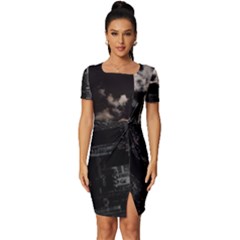 City Night Moon Skyline Skyscraper Fitted Knot Split End Bodycon Dress by Grandong