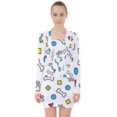 Dog Paw Seamless Pattern Footprint Bone V-neck Bodycon Long Sleeve Dress by Grandong