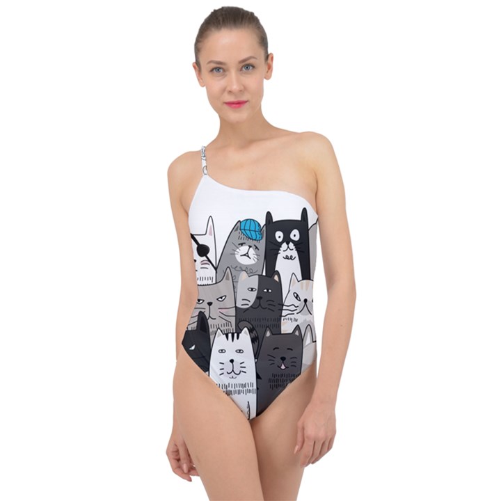 Cute Cat Hand Drawn Cartoon Style Classic One Shoulder Swimsuit