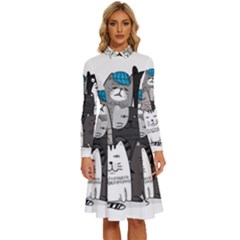 Cute Cat Hand Drawn Cartoon Style Long Sleeve Shirt Collar A-line Dress by Grandong