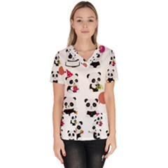 Playing Pandas Cartoons Women s V-neck Scrub Top